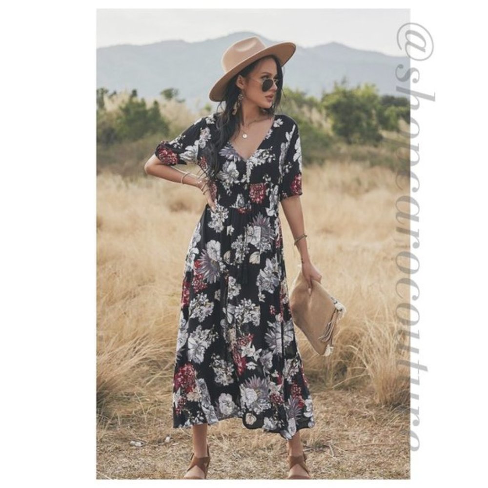 Short sleeve Floral MIDI Dress -Black